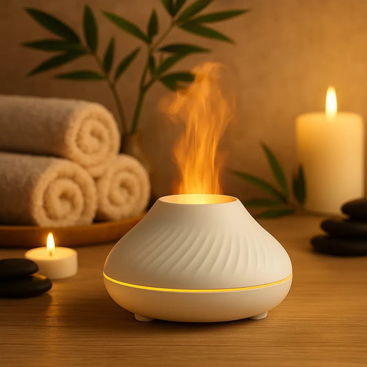 🔥 Diffuseur d’Huiles Essentielles & Humidificateur 130ml – Effet Flamme LED 7 Couleurs & Ultra-Silencieux